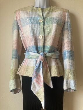 Roberto Quaglia Pastel Plaid Tweed Boucle Women's Jacket w/Belt Size 34